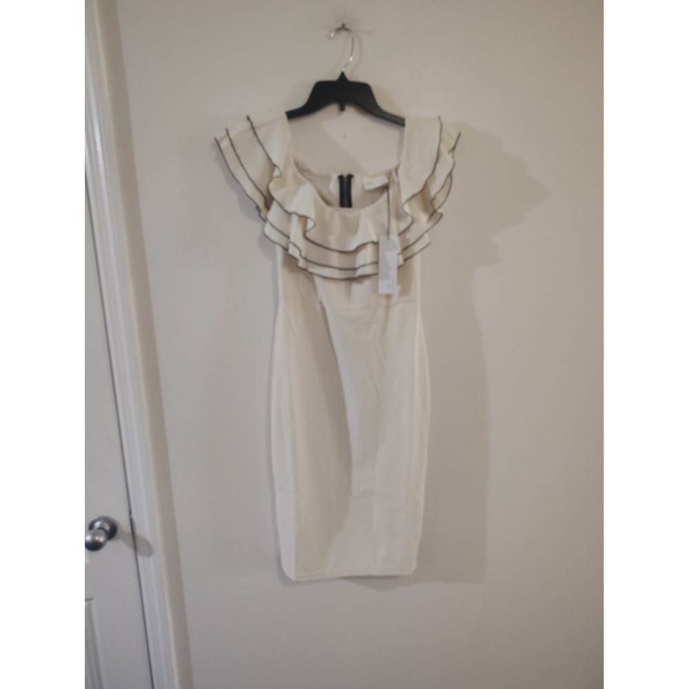 The Room Women Cream Ruffle Off Shoulder Sheath Midi Dress Size M NWT